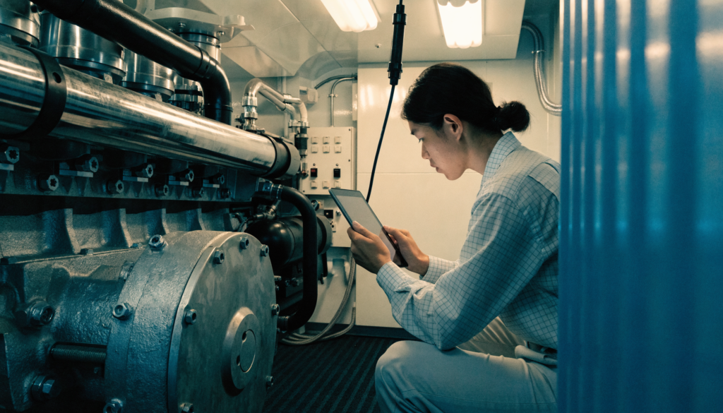 A marine engineer using a tablet to run diagnostics beside a large boat engine