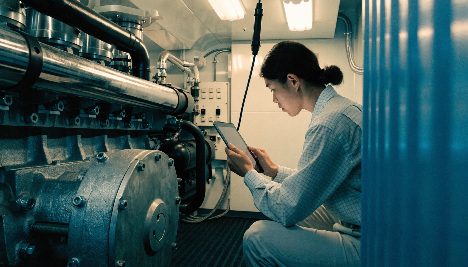 A marine engineer using a tablet to run diagnostics beside a large boat engine